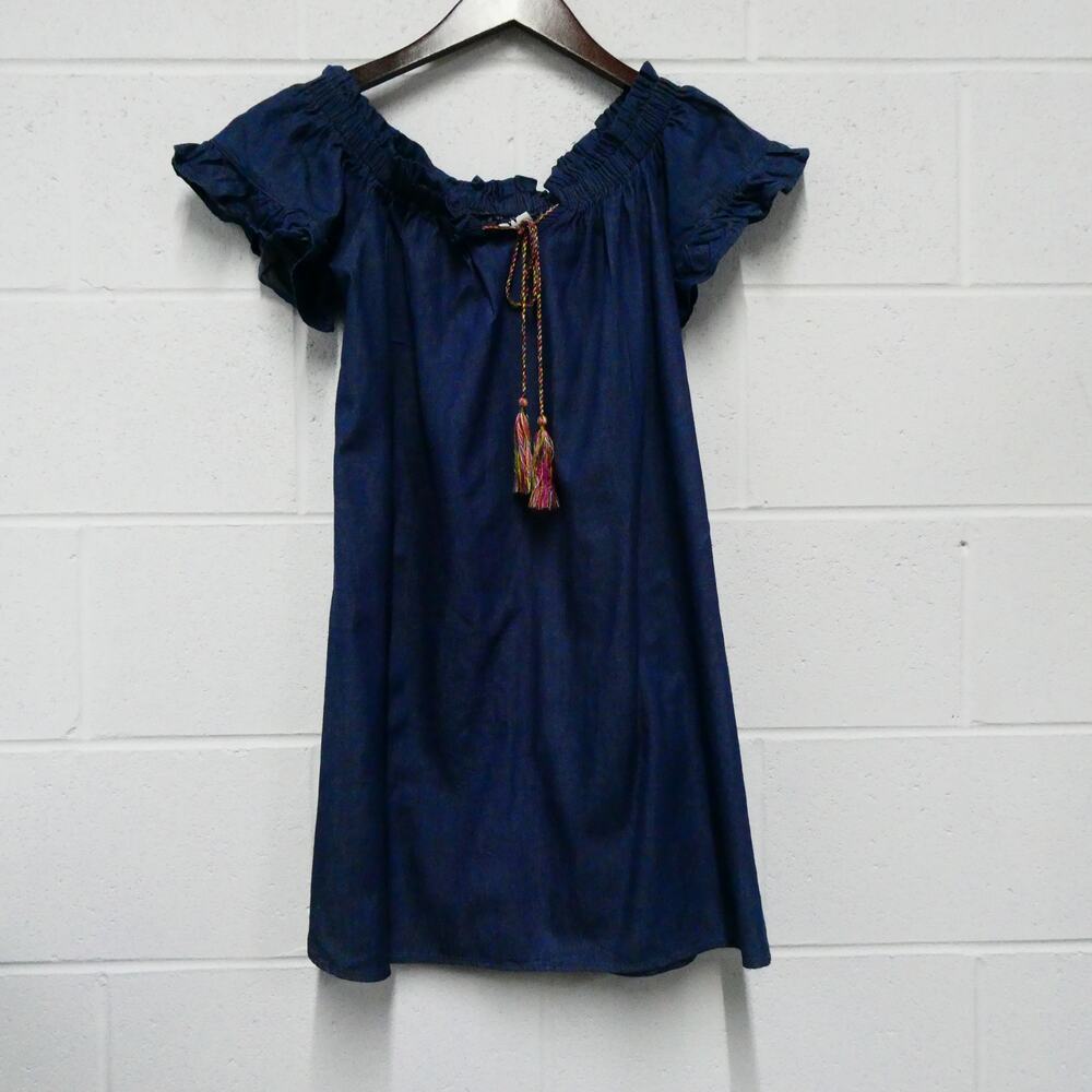 Wrapper Denim Peasant Dress Womens Medium Blue Off Shoulder Tassel Ruffle Mini - Picture 2 of 5